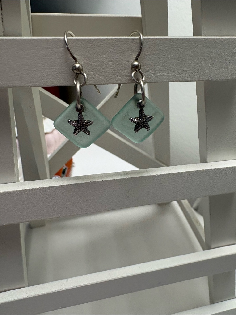 Sea Glass Starfish Dangle Earrings - Mint Green